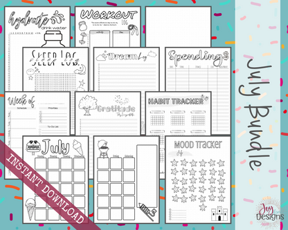 July Pre-Made Bullet Dotted Journal Pages Instant Download Printable Planner Undated