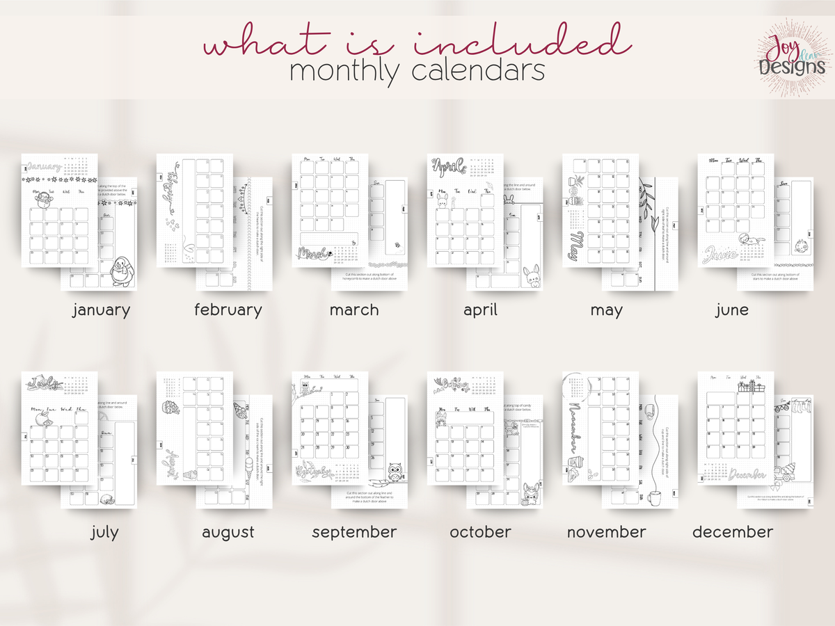 The Aesthetic 2027 premade dotted planner displaying layered monthly calendar page designs with dated two page calendar spreads and decorative seasonal themes January through December 2027 creative monthly organization layouts for appointments important dates events reminders schedules goals and everyday planning aesthetic coil bound dot grid journal with black and white illustrated calendars Dutch door customization and ready to use planning pages for women students and stationery lovers