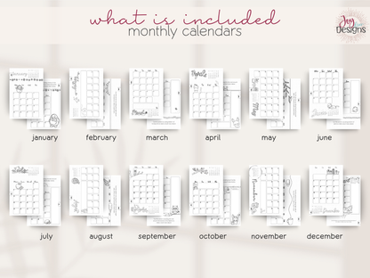 The Aesthetic 2027 premade dotted planner displaying layered monthly calendar page designs with dated two page calendar spreads and decorative seasonal themes January through December 2027 creative monthly organization layouts for appointments important dates events reminders schedules goals and everyday planning aesthetic coil bound dot grid journal with black and white illustrated calendars Dutch door customization and ready to use planning pages for women students and stationery lovers