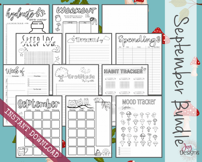 September Pre-Made Bullet Dotted Journal Pages Instant Download Printable Planner Undated