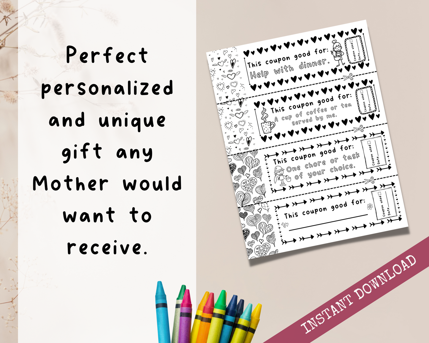 Mommy and Me Coupons: 20 Vouchers to Color, Cut out and Give to Mom. Plus Bonus Pages With Prompts About Mother, Instant Download Printable