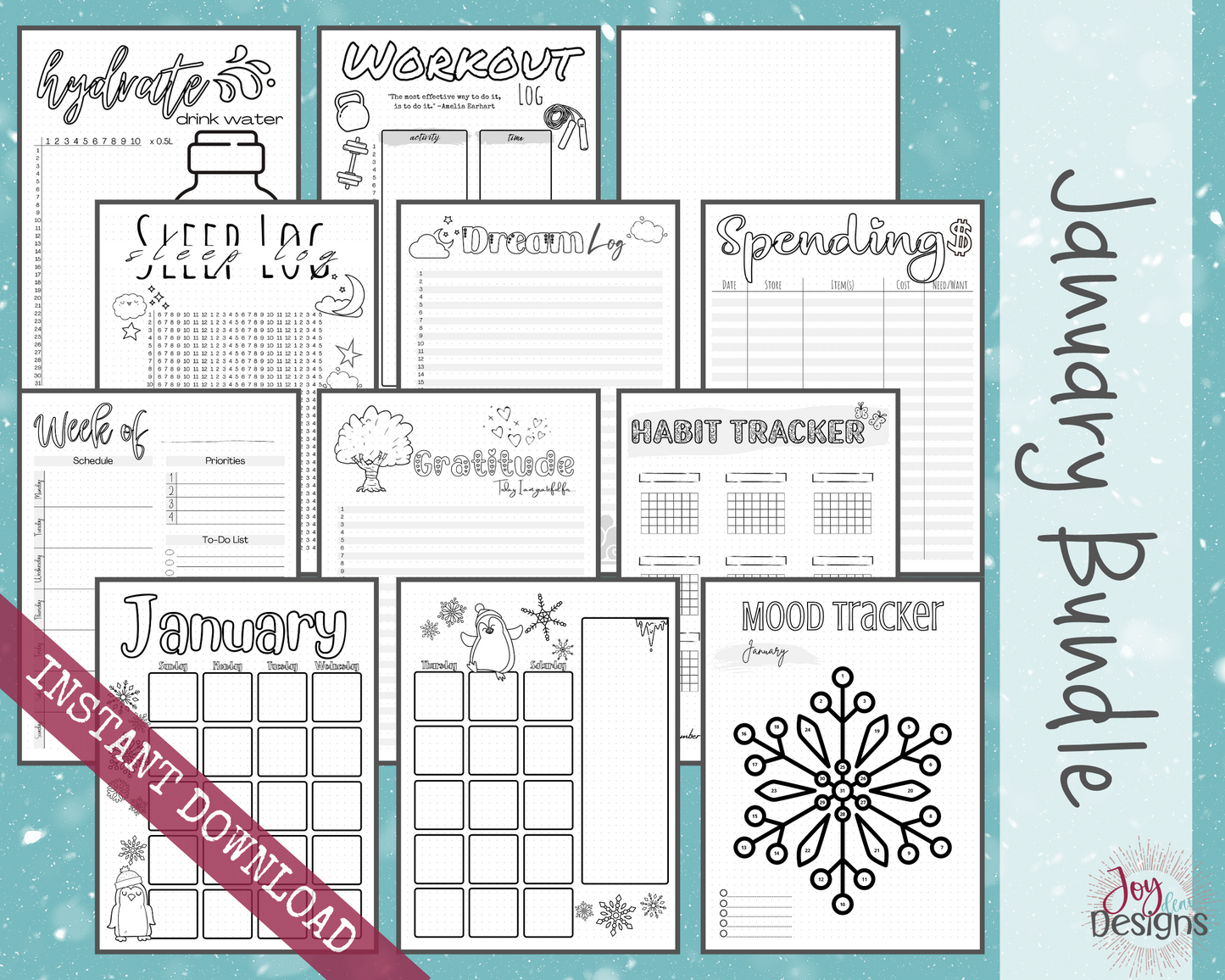 January Pre-Made Bullet Dotted Journal Pages Instant Download Printable Planner Undated Bujo