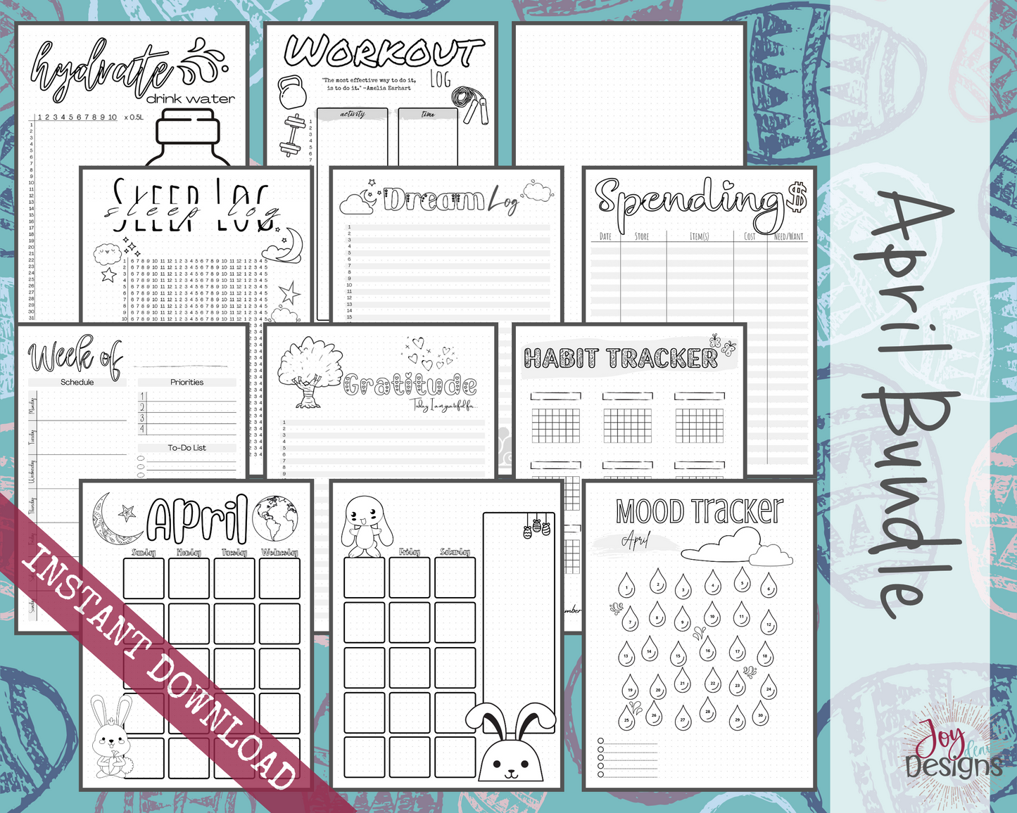 April Pre-Made Bullet Dotted Journal Pages Instant Download Printable Planner Undated