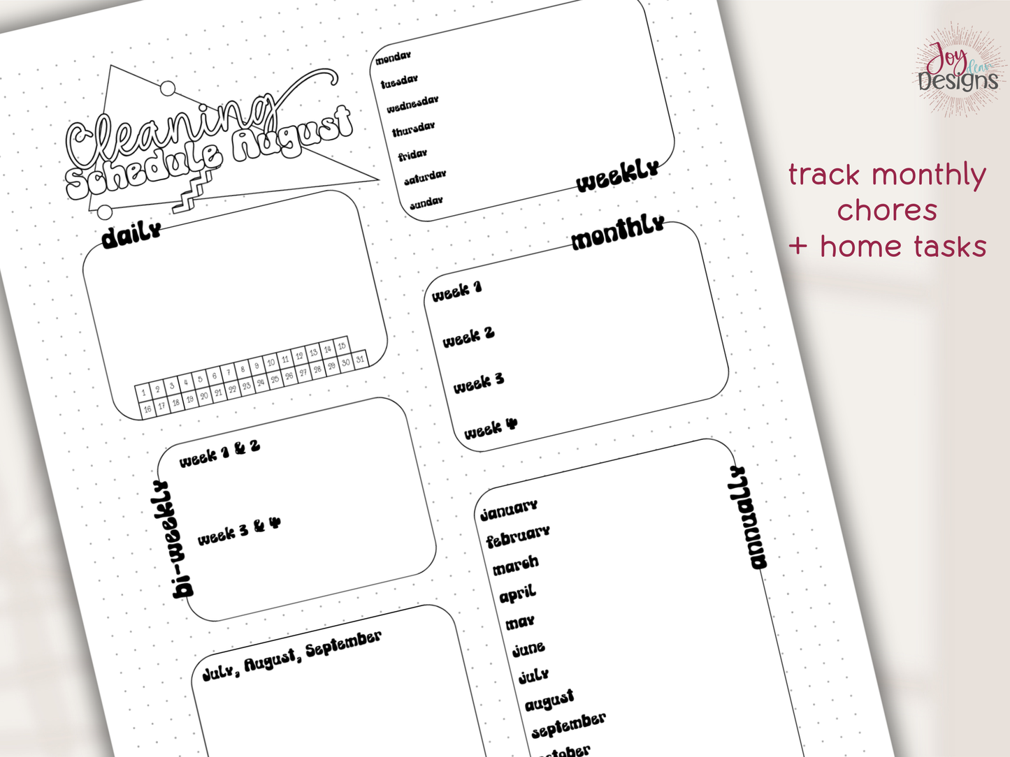 monthly cleaning schedule printable bundle digital cleaning planner pages home management binder inserts chore chart system daily weekly monthly quarterly annual cleaning tracker minimal black and white bujo style dotted and plain backgrounds pdf instant download goodnotes friendly household organization planner insert home cleaning routine house chores list spring cleaning checklist planning tools for busy moms students and families printable planner pages