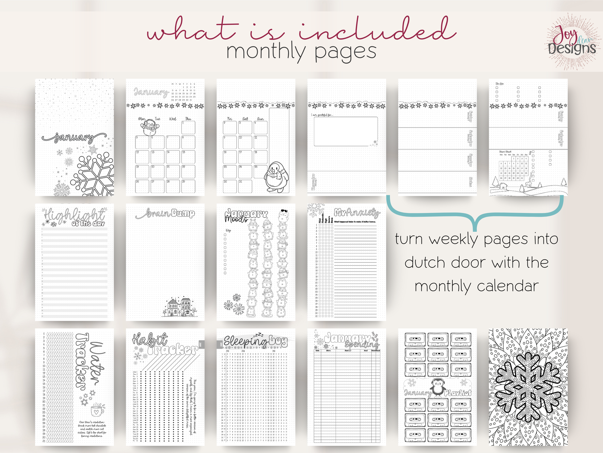 aesthetic bullet journal download pdf 2026 premade dotted planner digital bujo creative planner for women mental health tracking anxiety mood water sleep habit logs monthly themes winter valentines bees easter plants space citrus ice cream owls halloween coffee christmas printable journal in four sizes 6x9 US Letter A4 A5 coloring pages dutch door layouts bleed proof style organization self care routine gift idea