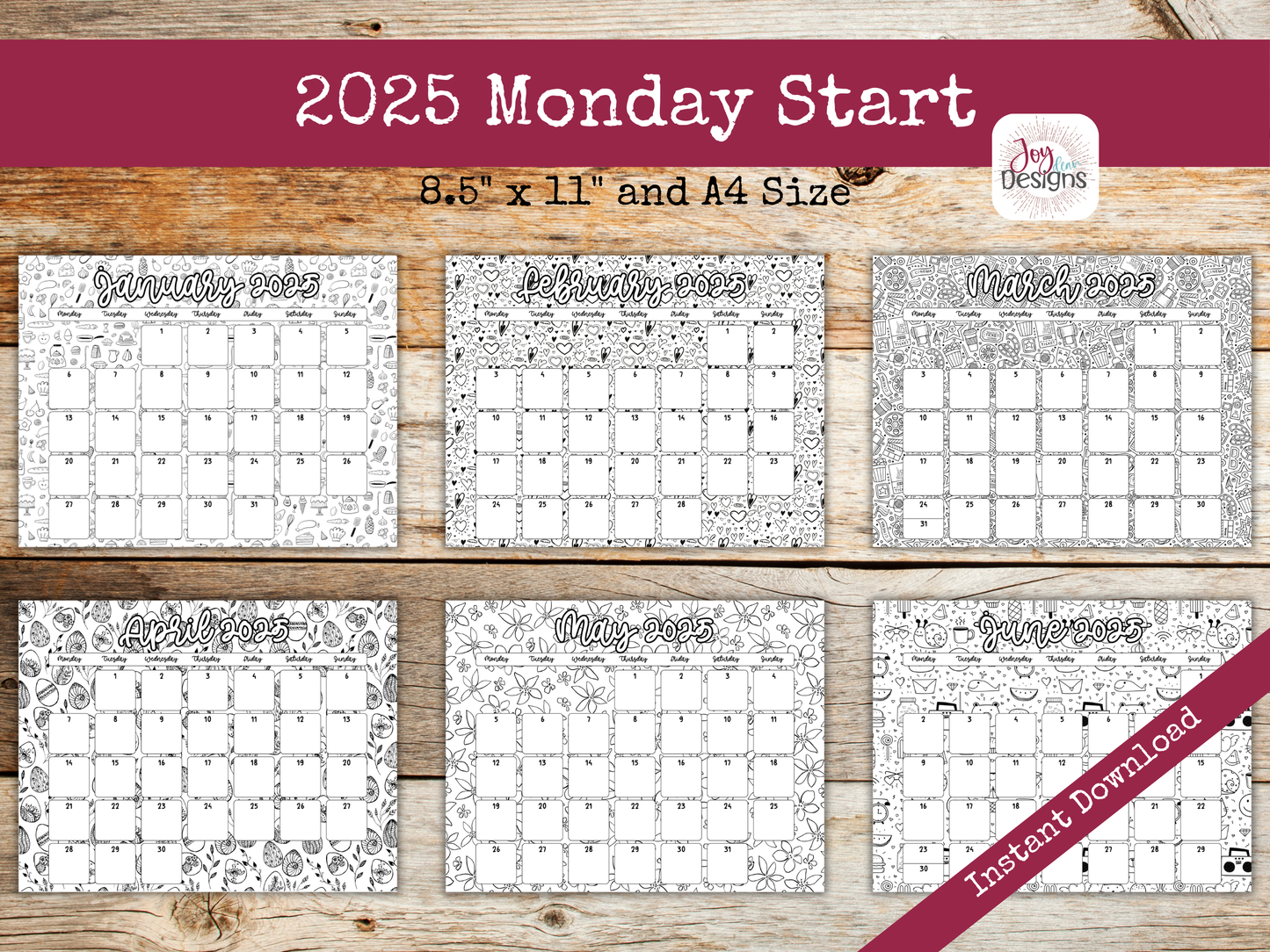 2025 Monthly Calendars Horizonal Doodle Coloring Instant Download Printable Calendar 8.5x11 and A4 Size Landscape