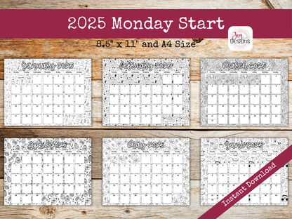 2025 Monthly Calendars Horizonal Doodle Coloring Instant Download Printable Calendar 8.5x11 and A4 Size Landscape