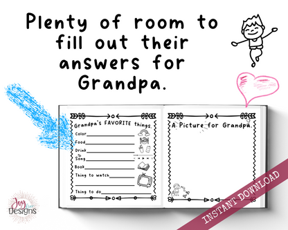 Grandpa! I Wrote a Book About You! Instant Download Printable Fill in the Blank Pages With Prompts for Kids to Fill in for Their Grandfather