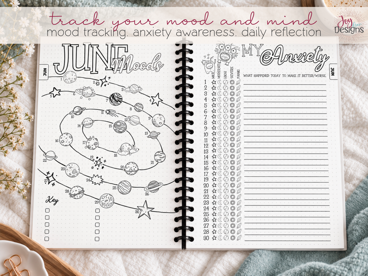 Open Aesthetic 2027 dotted journal displaying June space themed mood tracker and anxiety tracker pages with celestial illustrations planets stars and creative mental wellness tracking layouts premade coil bound planner for recording daily emotions stress levels feelings and self care routines aesthetic dot grid journal with monthly mental health trackers colorful personalization options mindfulness reflection habit monitoring and ready to use planning pages for women teens and adults