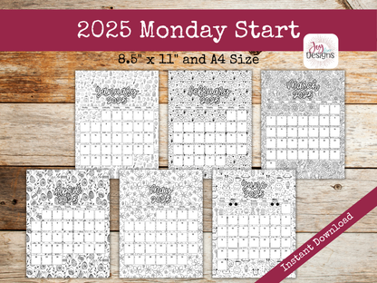 2025 Monthly Calendars Vertical Doodle Coloring Instant Download Printable Calendar 8.5x11 and A4 Size Portrait