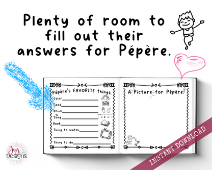 Pepere! I Wrote a Book About You! Instant Download, Printable Fill in the Blank Pages With Prompts for Kids to Fill in for Their Pepere