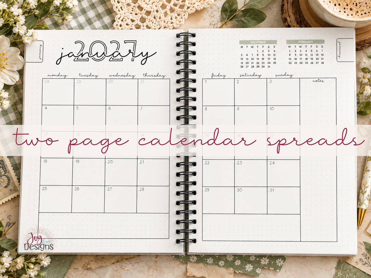 2027 Methodical coil bound daily planner open to a two page monthly calendar spread with dated calendar boxes and additional dotted writing space. Minimalist black and white bullet journal layout displayed in a sage green cottagecore stationery setting with flowers and vintage scrapbook accents. Monthly planner calendar for appointments important dates schedules reminders and monthly organization in a 6x9 spiral bound daily journal.