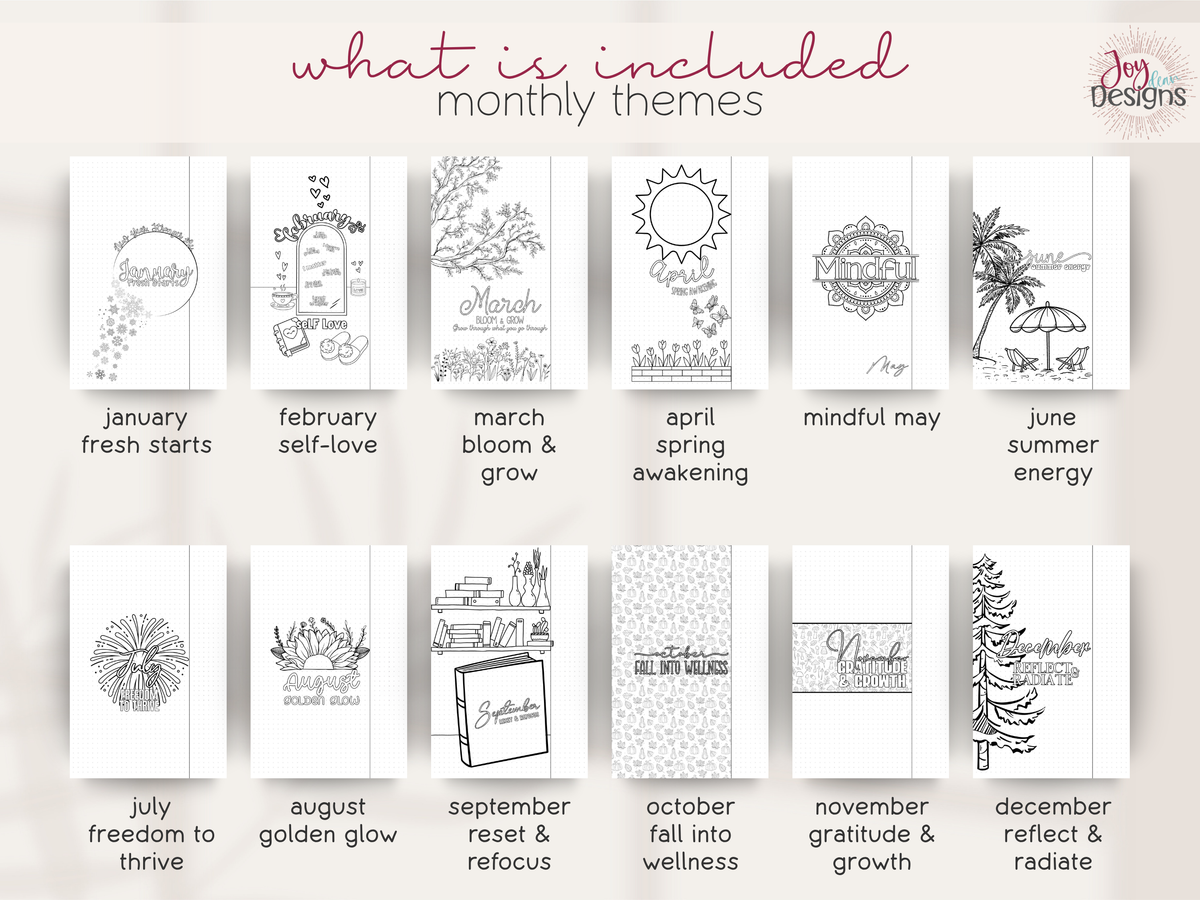 All twelve monthly title page themes from The Vital 2027 wellness planner, displayed from January through December. Black and white illustrated designs feature fresh starts, self-love, spring flowers, mindfulness, summer energy, fireworks, sunflowers, books, autumn wellness, gratitude and winter reflection. Each monthly section has its own decorative theme, creating a personalized and creative 2027 planner experience.