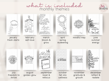 All twelve monthly title page themes from The Vital 2027 wellness planner, displayed from January through December. Black and white illustrated designs feature fresh starts, self-love, spring flowers, mindfulness, summer energy, fireworks, sunflowers, books, autumn wellness, gratitude and winter reflection. Each monthly section has its own decorative theme, creating a personalized and creative 2027 planner experience.