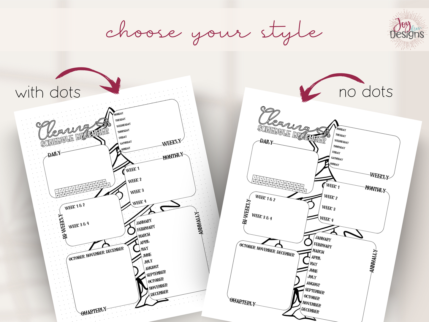 monthly cleaning schedule printable bundle digital cleaning planner pages home management binder inserts chore chart system daily weekly monthly quarterly annual cleaning tracker minimal black and white bujo style dotted and plain backgrounds pdf instant download goodnotes friendly household organization planner insert home cleaning routine house chores list spring cleaning checklist planning tools for busy moms students and families printable planner pages