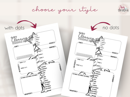 monthly cleaning schedule printable bundle digital cleaning planner pages home management binder inserts chore chart system daily weekly monthly quarterly annual cleaning tracker minimal black and white bujo style dotted and plain backgrounds pdf instant download goodnotes friendly household organization planner insert home cleaning routine house chores list spring cleaning checklist planning tools for busy moms students and families printable planner pages