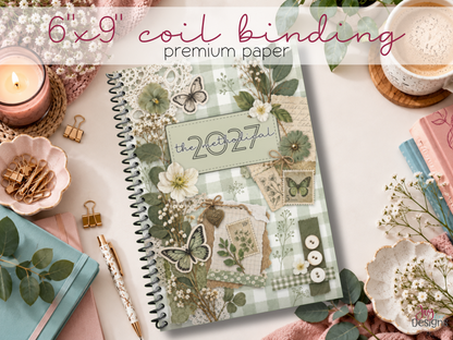 2027 The Methodical daily planner featuring sage green gingham vintage scrapbook cover with butterflies pressed flowers lace and botanical illustrations. Soft matte 6x9 coil bound journal with premium matte pages and a dated daily planning layout. Aesthetic daily bullet journal designed for habit tracking mood tracking water intake fitness food logging gratitude and personal journaling. Cottagecore stationery and wellness planner for organizing everyday life.