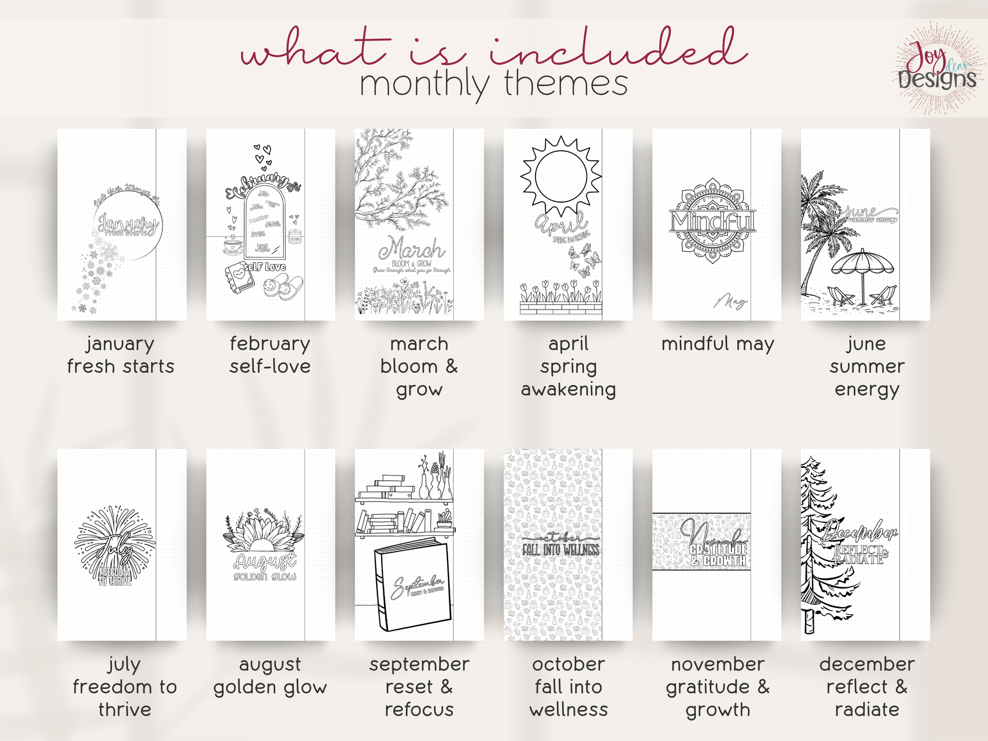 Monthly theme cards with illustrations and text for each month, featuring Joy Designs branding.