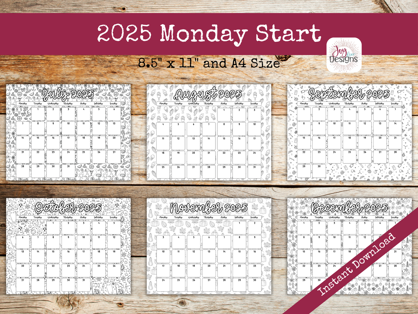 2025 Monthly Calendars Horizonal Doodle Coloring Instant Download Printable Calendar 8.5x11 and A4 Size Landscape