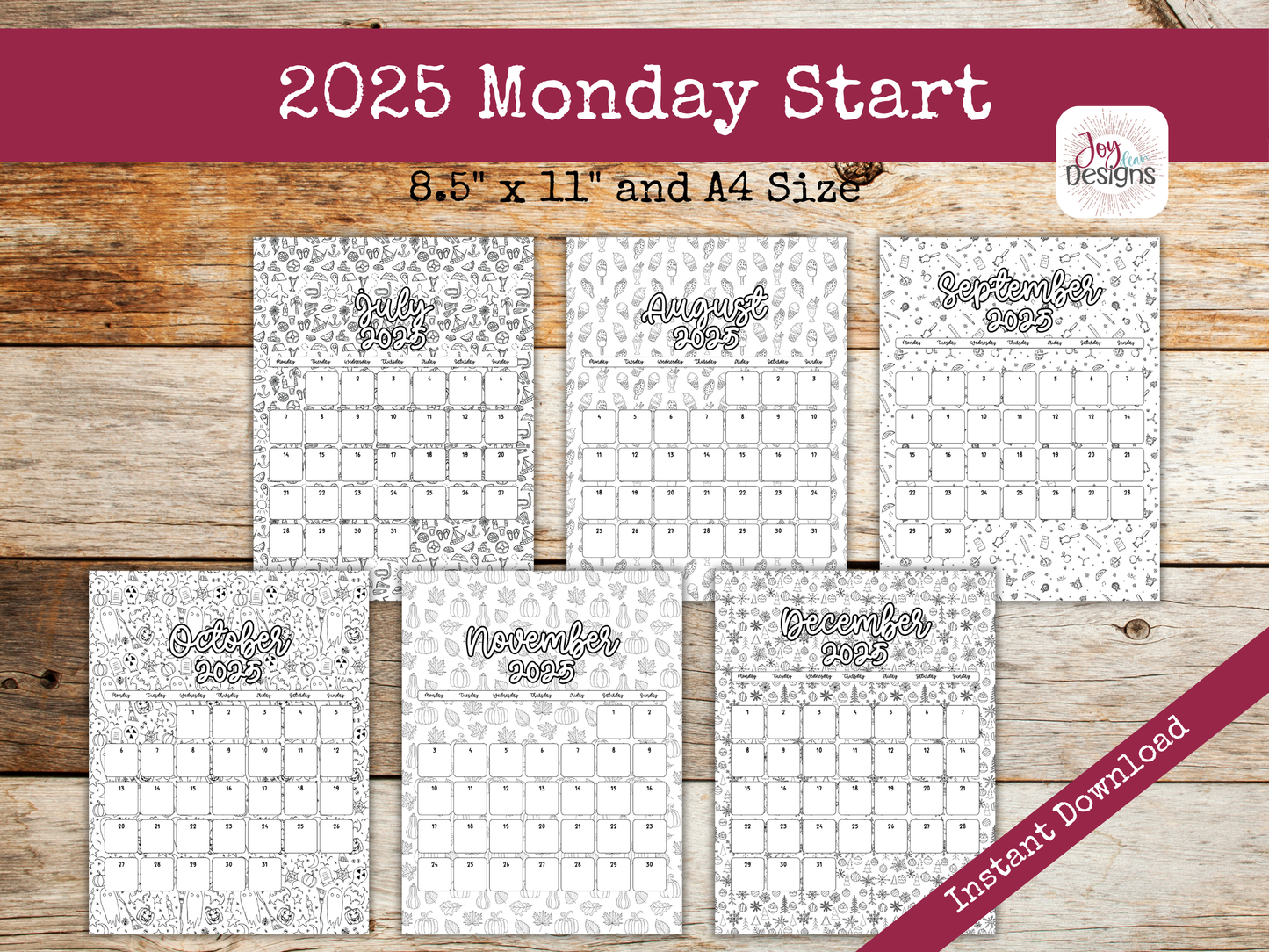 2025 Monthly Calendars Vertical Doodle Coloring Instant Download Printable Calendar 8.5x11 and A4 Size Portrait