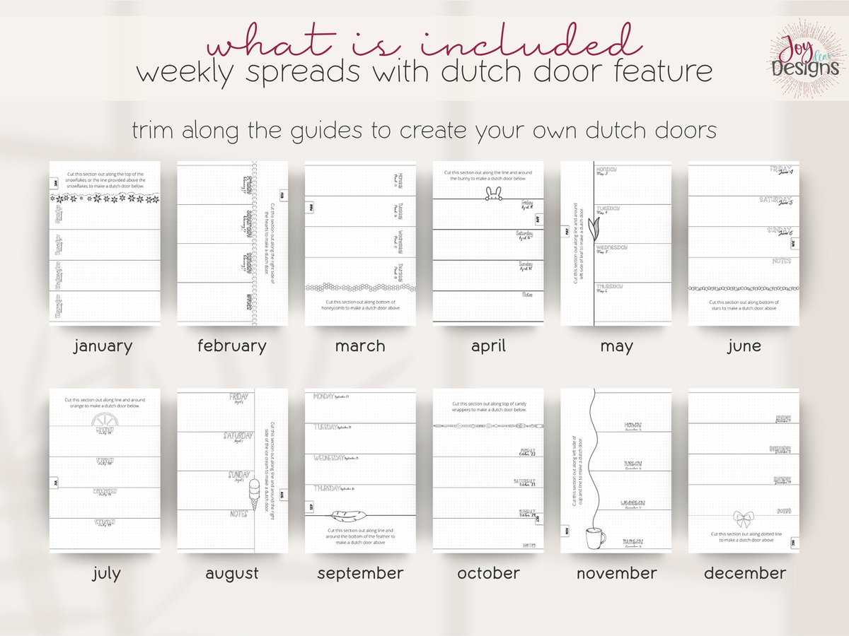 The Aesthetic 2027 premade dotted planner featuring twelve themed weekly planning spread designs with customizable Dutch door layouts dated weekly organization pages and decorative seasonal illustrations creative coil bound journal with cut guides for layered calendar pages daily tasks appointments reminders routines productivity goals and personal schedules aesthetic dot grid planning pages with winter hearts bees Easter plants space citrus ice cream owls Halloween coffee and Christmas themes