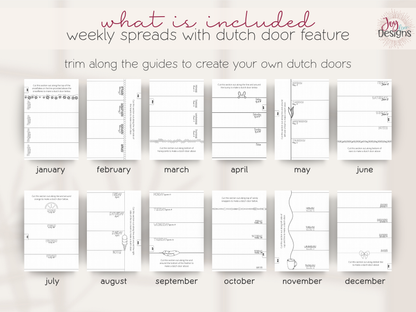 The Aesthetic 2027 premade dotted planner featuring twelve themed weekly planning spread designs with customizable Dutch door layouts dated weekly organization pages and decorative seasonal illustrations creative coil bound journal with cut guides for layered calendar pages daily tasks appointments reminders routines productivity goals and personal schedules aesthetic dot grid planning pages with winter hearts bees Easter plants space citrus ice cream owls Halloween coffee and Christmas themes