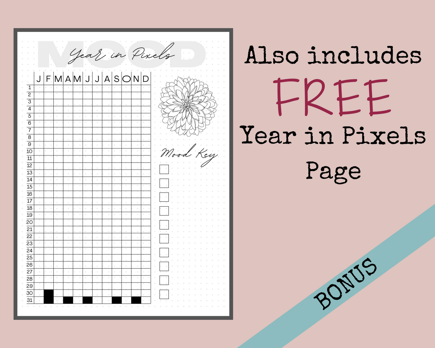 Pre-Made 12 Monthly Calendars Bullet Dotted Journal Pages Instant Download Printable Planner | Plus FREE Year in Pixels