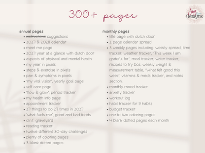 Detailed contents of The Vital 2027 wellness planner with over 300 pages of pre-made layouts. Annual features include health information, physical and mental wellness, yearly goals, symptom trackers, self-care, period tracking, reading logs and twelve 30-day challenges. Monthly sections include calendars, three-page weekly spreads, mood and anxiety trackers, workouts, nine-habit trackers, budgeting, coloring pages and blank dotted paper.