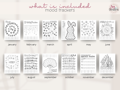 Twelve creative mood tracker pages from The Enchanted 2027 pre-made dotted journal, each with a different monthly theme. Illustrated trackers include fairies and dragons, hanging hearts, bees, bunnies, flowers, leaves, seashells, retro objects, apple trees, Halloween decorations, music notes and Christmas trees. Colour the designs to record daily moods throughout the year while creating a personalized visual record of emotions and wellbeing.