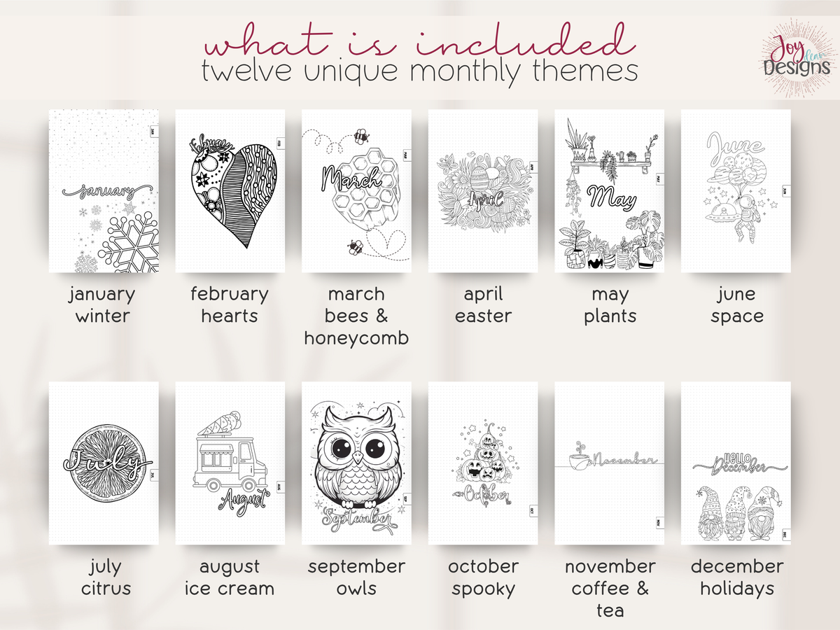 The Aesthetic 2027 dotted journal showing twelve different illustrated monthly cover themes January winter February hearts March bees and honeycomb April Easter May plants June outer space July citrus August ice cream September owls October Halloween November coffee and tea December Christmas premade creative planner with coordinating seasonal tracker pages coloring designs monthly calendars weekly layouts and decorative black and white illustrations for personalized journaling