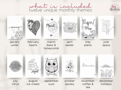 The Aesthetic 2027 dotted journal showing twelve different illustrated monthly cover themes January winter February hearts March bees and honeycomb April Easter May plants June outer space July citrus August ice cream September owls October Halloween November coffee and tea December Christmas premade creative planner with coordinating seasonal tracker pages coloring designs monthly calendars weekly layouts and decorative black and white illustrations for personalized journaling