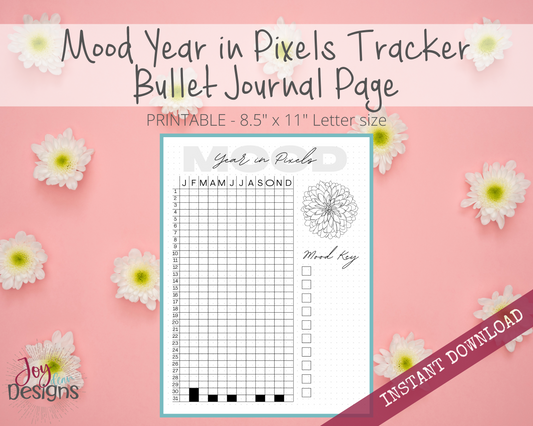 Daily Mood Year in Pixels Tracker Bullet Dotted Journal Page Instant Download Printable Planner