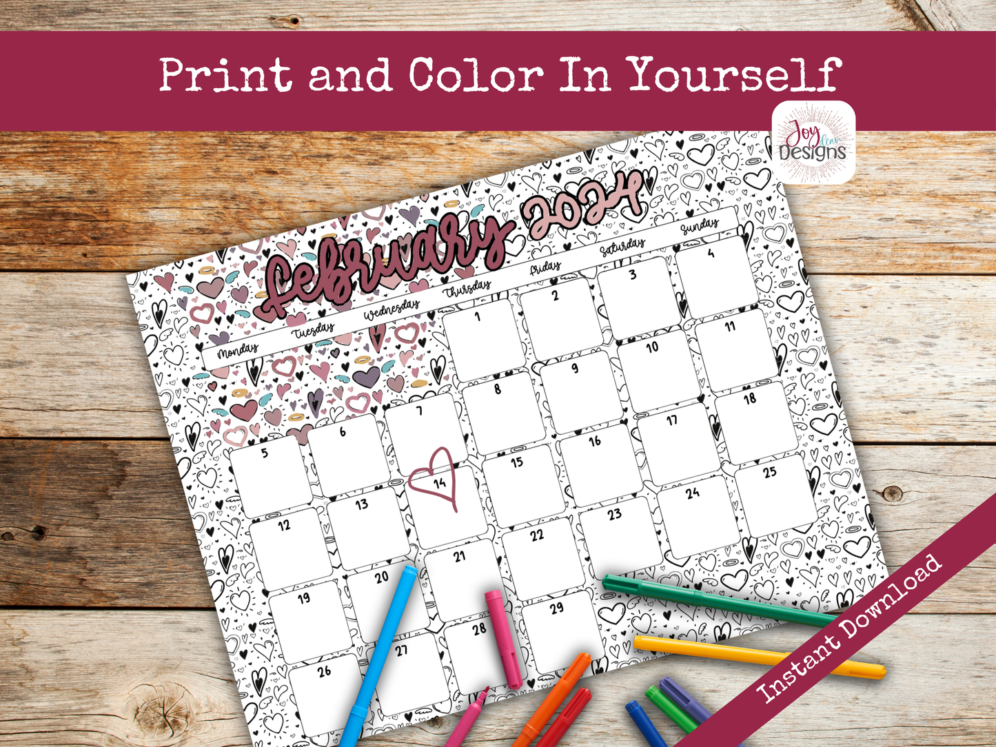 2025 Monthly Calendars Horizonal Doodle Coloring Instant Download Printable Calendar 8.5x11 and A4 Size Landscape