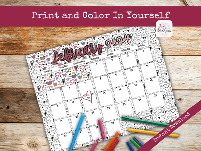 2025 Monthly Calendars Horizonal Doodle Coloring Instant Download Printable Calendar 8.5x11 and A4 Size Landscape