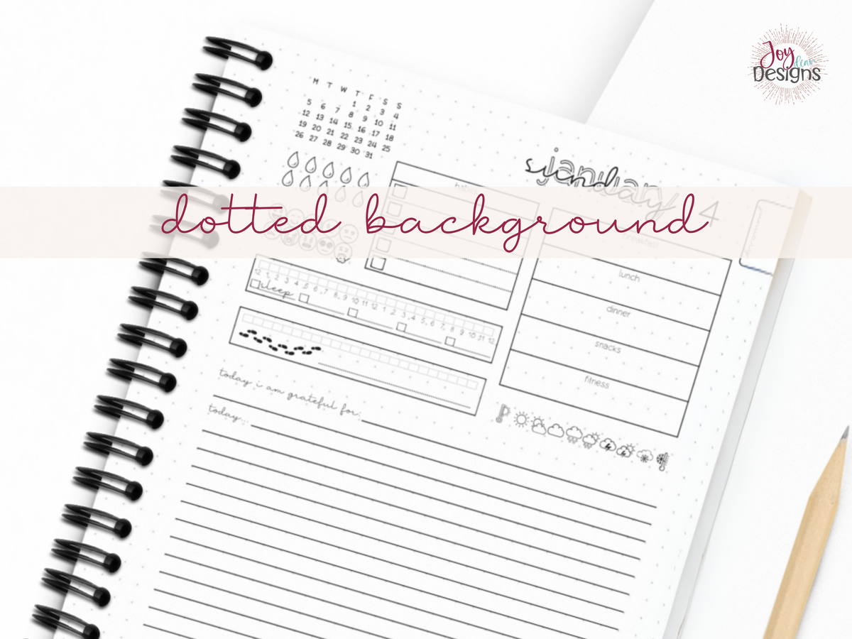 Close up of The Methodical 2027 daily journal page showing the subtle dotted bullet journal background with lined writing area and black coil binding. Pre made daily planner layout includes habit tracking mood tracking hydration fitness food logging weather gratitude and personal journaling space. Dotted paper journal for women who enjoy bullet journaling daily reflection wellness tracking and organized planning without creating their own layouts.