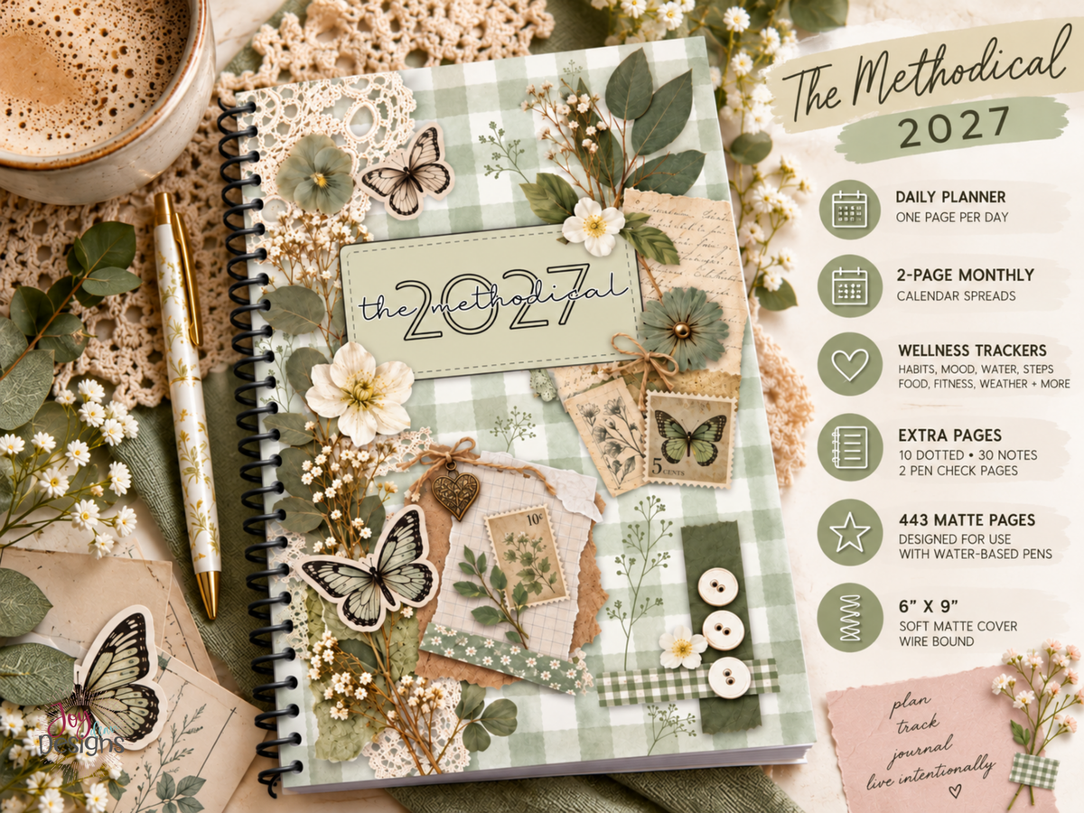 The Methodical 2027 daily planner product features displayed beside a sage green vintage scrapbook coil bound journal. Includes one page per day two page monthly calendar spreads habit mood water step food and fitness trackers 10 dotted pages 30 notes pages and 2 pen check pages. Features 443 matte pages designed for use with water based pens and a 6x9 soft matte cover. All in one daily wellness planner gratitude journal and pre made bullet journal.