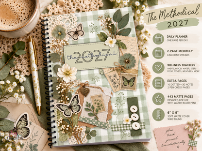 The Methodical 2027 daily planner product features displayed beside a sage green vintage scrapbook coil bound journal. Includes one page per day two page monthly calendar spreads habit mood water step food and fitness trackers 10 dotted pages 30 notes pages and 2 pen check pages. Features 443 matte pages designed for use with water based pens and a 6x9 soft matte cover. All in one daily wellness planner gratitude journal and pre made bullet journal.