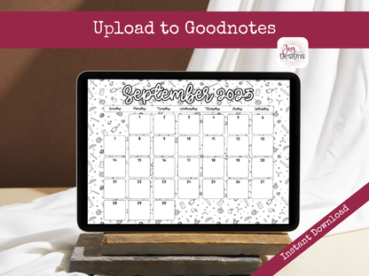 2025 Monthly Calendars Horizonal Doodle Coloring Instant Download Printable Calendar 8.5x11 and A4 Size Landscape