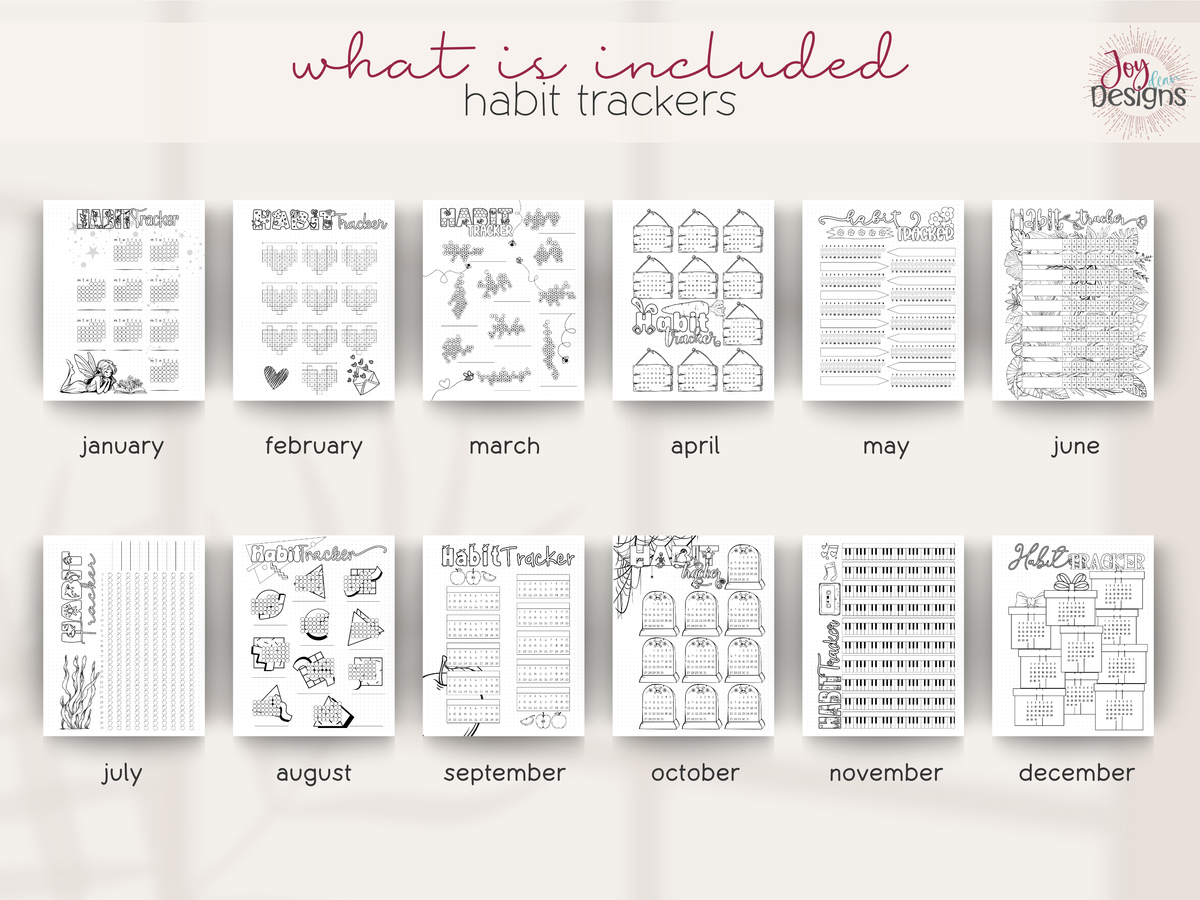 Twelve illustrated monthly habit tracker designs inside The Enchanted 2027 coil-bound dotted journal. Each month includes space to track up to ten habits with creative layouts featuring hearts, honeycombs, hanging tags, pencils, flowers, ocean illustrations, retro shapes, apples, Halloween artwork, piano keys and Christmas presents. A pre-made 2027 planner for tracking daily routines, wellness goals, productivity and personal habits.