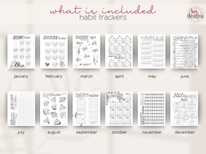 Twelve illustrated monthly habit tracker designs inside The Enchanted 2027 coil-bound dotted journal. Each month includes space to track up to ten habits with creative layouts featuring hearts, honeycombs, hanging tags, pencils, flowers, ocean illustrations, retro shapes, apples, Halloween artwork, piano keys and Christmas presents. A pre-made 2027 planner for tracking daily routines, wellness goals, productivity and personal habits.