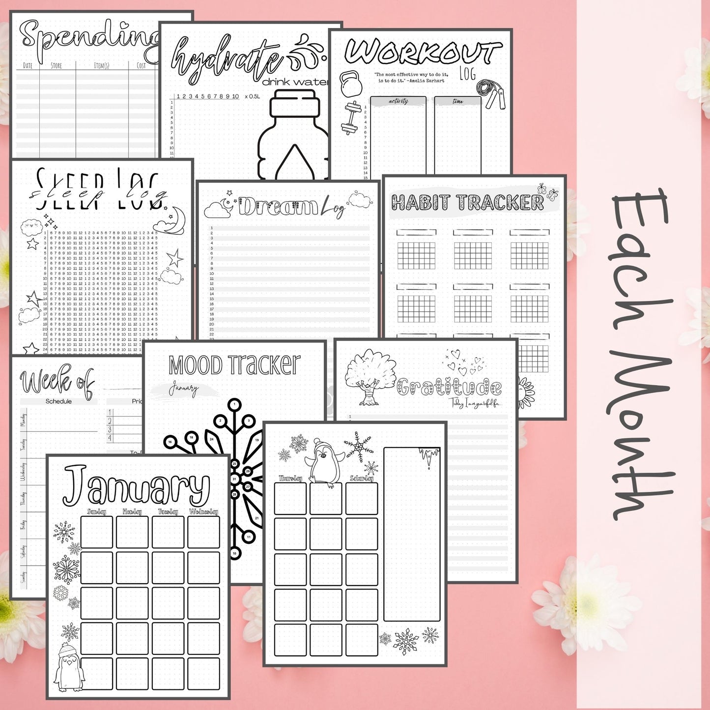 The Simple: Complete Pre-Made Bullet Dotted Journal Pages Instant Download Printable Planner