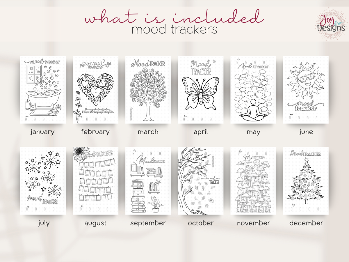 Twelve unique monthly mood tracker designs included in The Vital 2027 wellness journal. Black and white illustrations feature a winter bath, Valentine hearts, flowering tree, butterfly, meditation, smiling sun, fireworks, hanging notes, bookshelves, autumn leaves, mushrooms and Christmas tree. Each creative mood tracking page can be colored to record daily emotions throughout the year.