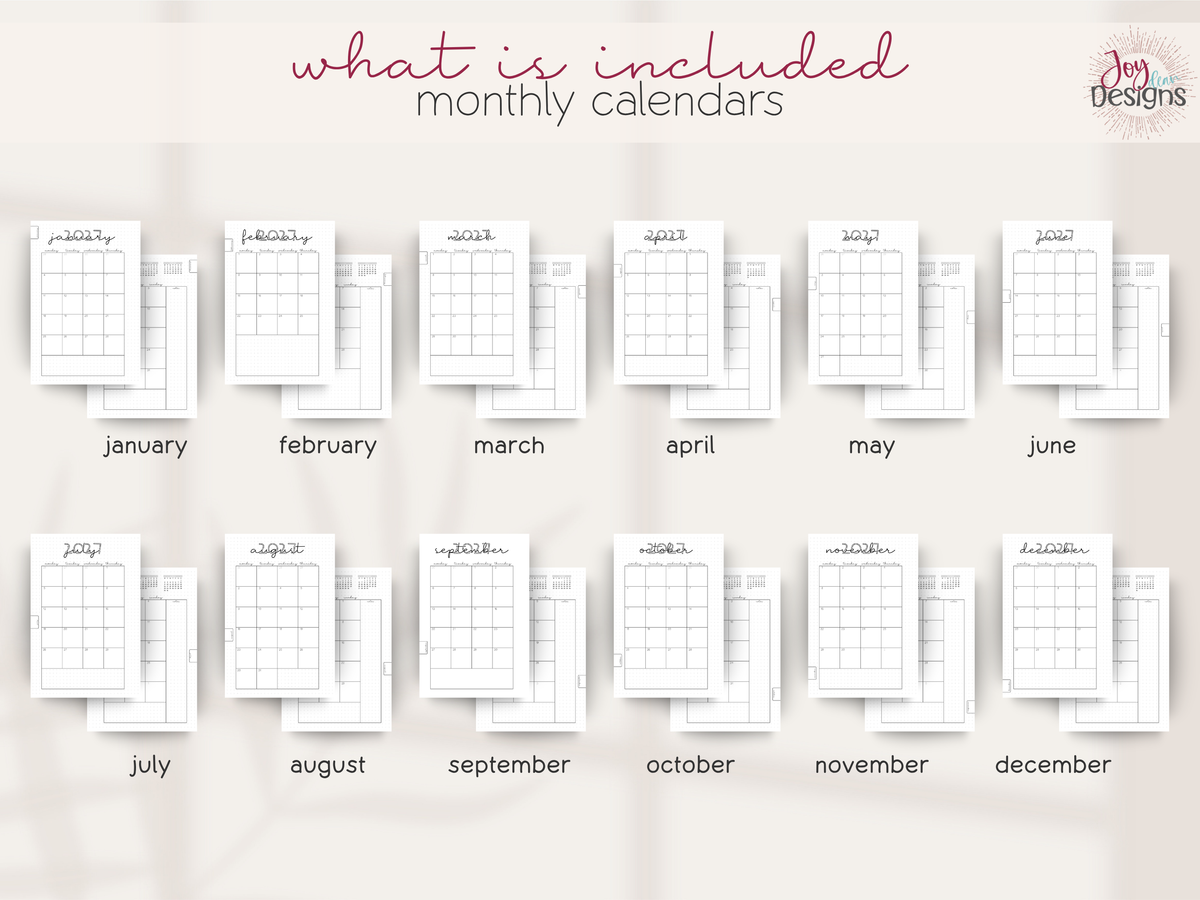 The Methodical 2027 daily planner monthly calendar overview displaying January through December two page calendar spreads. Minimalist black and white pre made bullet journal layouts with dated monthly grids and extra writing space for notes appointments events reminders and schedules. Coil bound 6x9 daily planner combining monthly organization with one page per day for habit tracking wellness tracking gratitude and personal journaling throughout 2027.