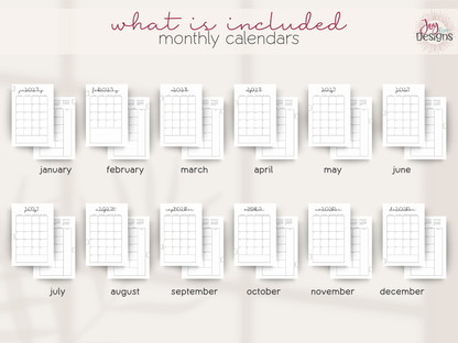 The Methodical 2027 daily planner monthly calendar overview displaying January through December two page calendar spreads. Minimalist black and white pre made bullet journal layouts with dated monthly grids and extra writing space for notes appointments events reminders and schedules. Coil bound 6x9 daily planner combining monthly organization with one page per day for habit tracking wellness tracking gratitude and personal journaling throughout 2027.
