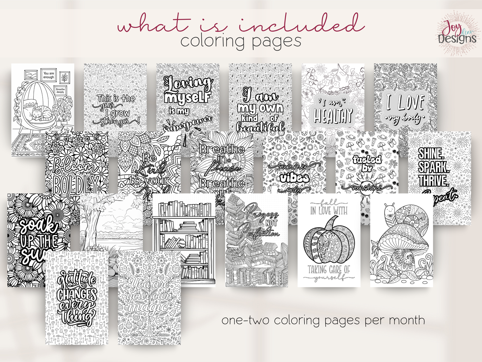 Collection of black and white coloring pages with various designs and text on a light gray background.