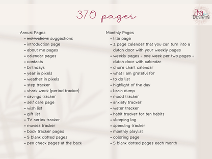 The Aesthetic 2027 premade dotted journal contents overview showing 370 pages of annual and monthly planning features including dated calendars weekly spreads mood trackers anxiety logs habit trackers water tracking sleep logs savings pages spending trackers self care gratitude brain dump reading lists movie logs coloring pages and blank dot grid paper comprehensive coil bound creative planner with twelve monthly themes Dutch door layouts and customizable organization pages for everyday journaling