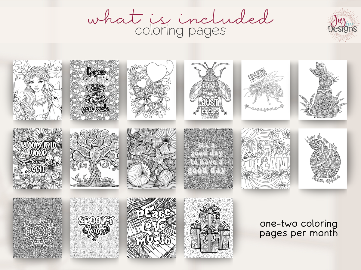 Selection of black and white adult colouring pages included in The Enchanted 2027 dotted journal. Designs feature whimsical fairies, flowers, decorative hearts, bees, rabbits, ocean scenes, intricate patterns, holiday illustrations and motivational quotes. The journal includes one or two colouring pages each month, providing a creative break alongside weekly planning, habit tracking, mood tracking and everyday journaling.