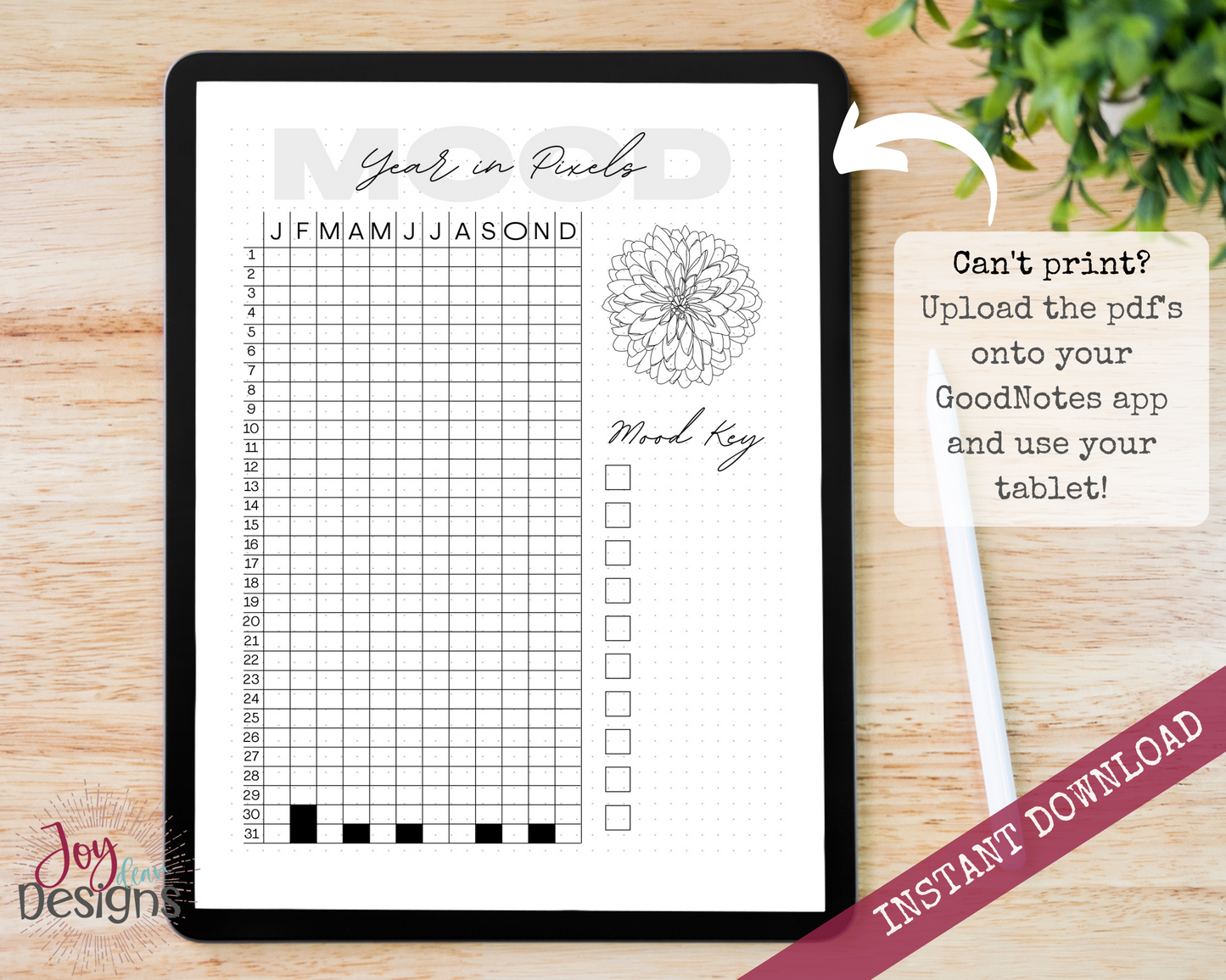 Daily Mood Year in Pixels Tracker Bullet Dotted Journal Page Instant Download Printable Planner