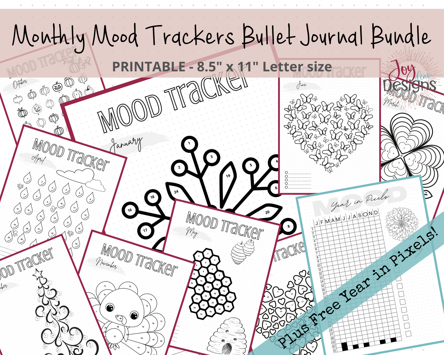 12 Monthly Mood Trackers Bullet Dotted Journal Pages Instant Download Printable Planner | Plus FREE Year in Pixels