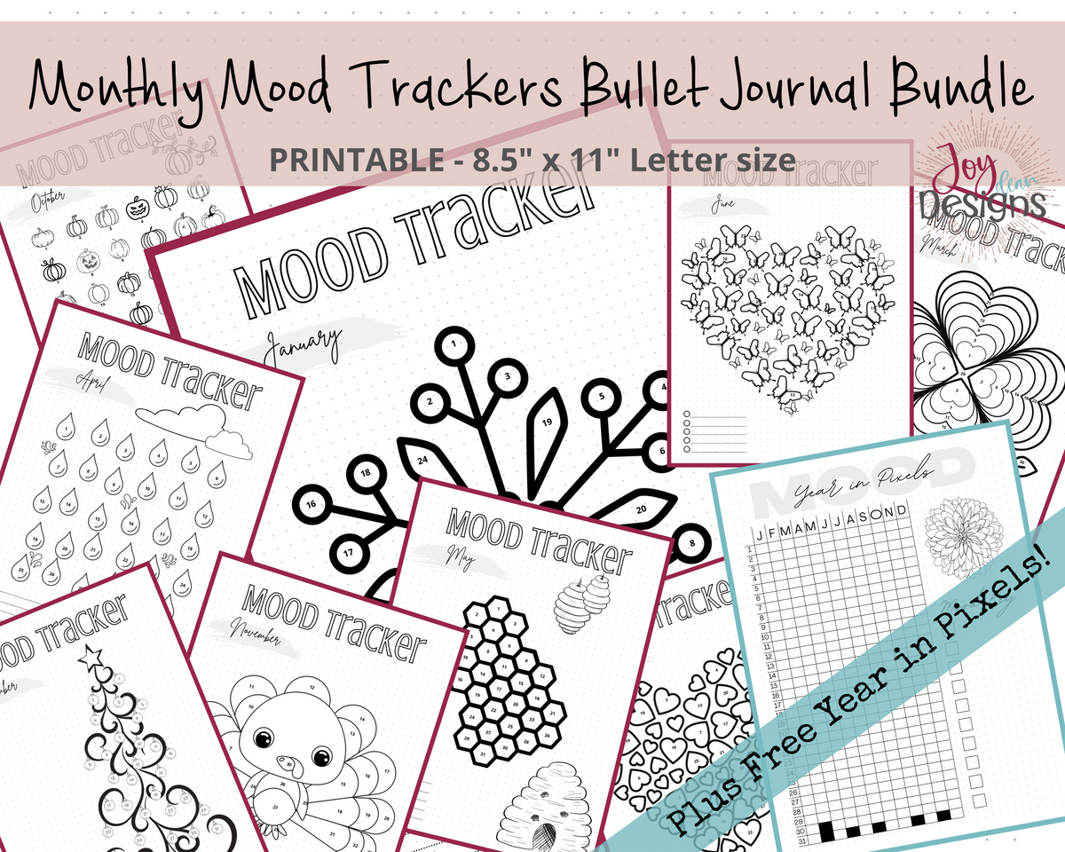 12 Monthly Mood Trackers Bullet Dotted Journal Pages Instant Download ...